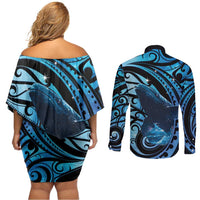 New Zealand Matariki Couples Matching Off Shoulder Short Dress and Long Sleeve Button Shirt Maori Humpback Whale Galaxy