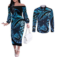 New Zealand Matariki Couples Matching Off The Shoulder Long Sleeve Dress and Long Sleeve Button Shirt Maori Humpback Whale Galaxy LT22 Blue - Polynesian Pride