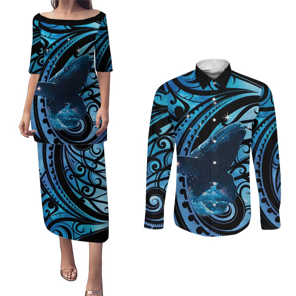 New Zealand Matariki Couples Matching Puletasi and Long Sleeve Button Shirt Maori Humpback Whale Galaxy LT22 Blue - Polynesian Pride
