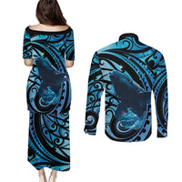 New Zealand Matariki Couples Matching Puletasi and Long Sleeve Button Shirt Maori Humpback Whale Galaxy LT22 - Polynesian Pride