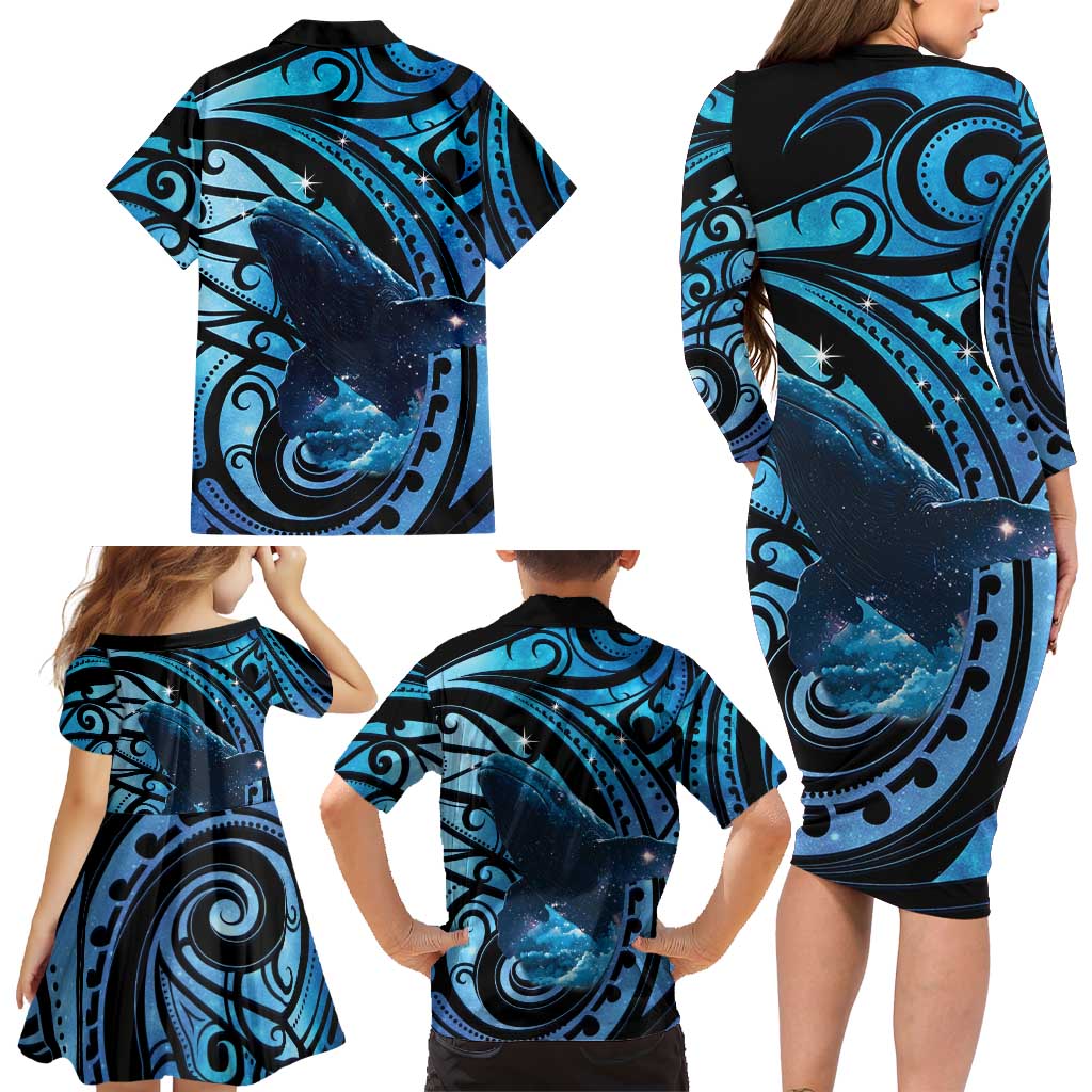 New Zealand Matariki Family Matching Long Sleeve Bodycon Dress and Hawaiian Shirt Maori Humpback Whale Galaxy
