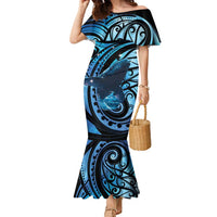 New Zealand Matariki Family Matching Mermaid Dress and Hawaiian Shirt Maori Humpback Whale Galaxy LT22 Mom's Dress Blue - Polynesian Pride