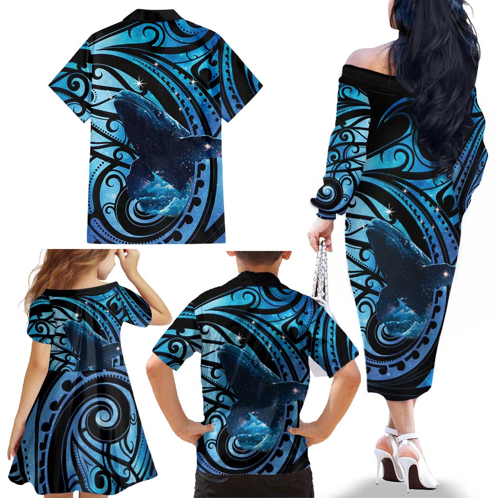 New Zealand Matariki Family Matching Off The Shoulder Long Sleeve Dress and Hawaiian Shirt Maori Humpback Whale Galaxy