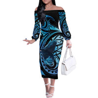 New Zealand Matariki Family Matching Off The Shoulder Long Sleeve Dress and Hawaiian Shirt Maori Humpback Whale Galaxy