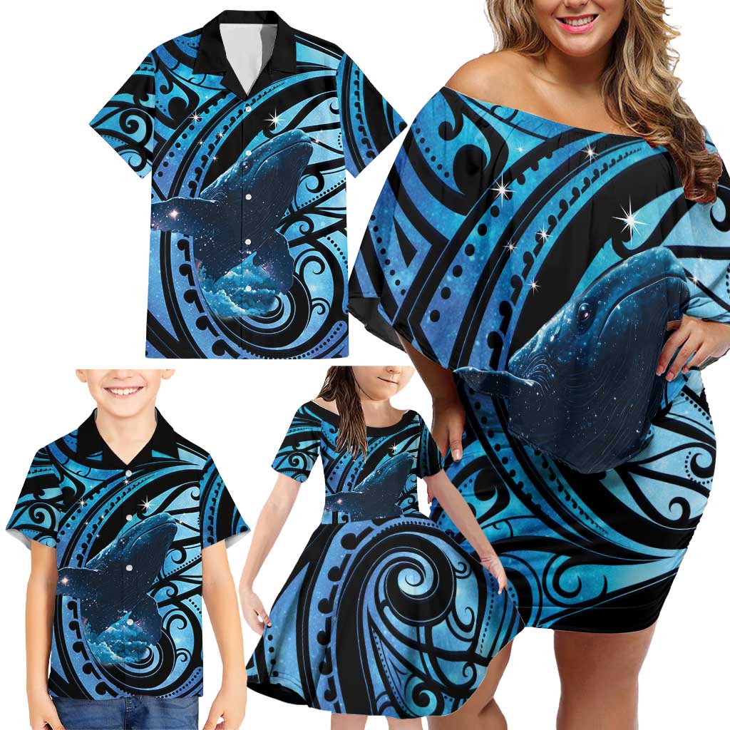 New Zealand Matariki Family Matching Off Shoulder Short Dress and Hawaiian Shirt Maori Humpback Whale Galaxy
