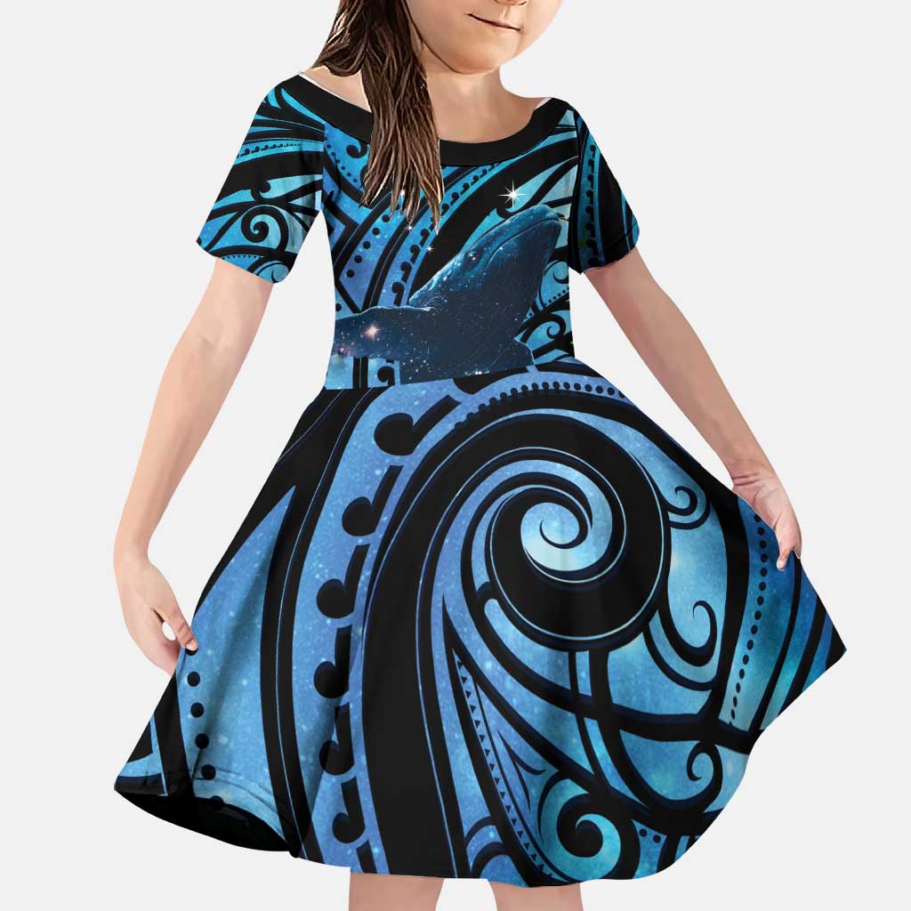 New Zealand Matariki Family Matching Short Sleeve Bodycon Dress and Hawaiian Shirt Maori Humpback Whale Galaxy LT22 Daughter's Dress Blue - Polynesian Pride