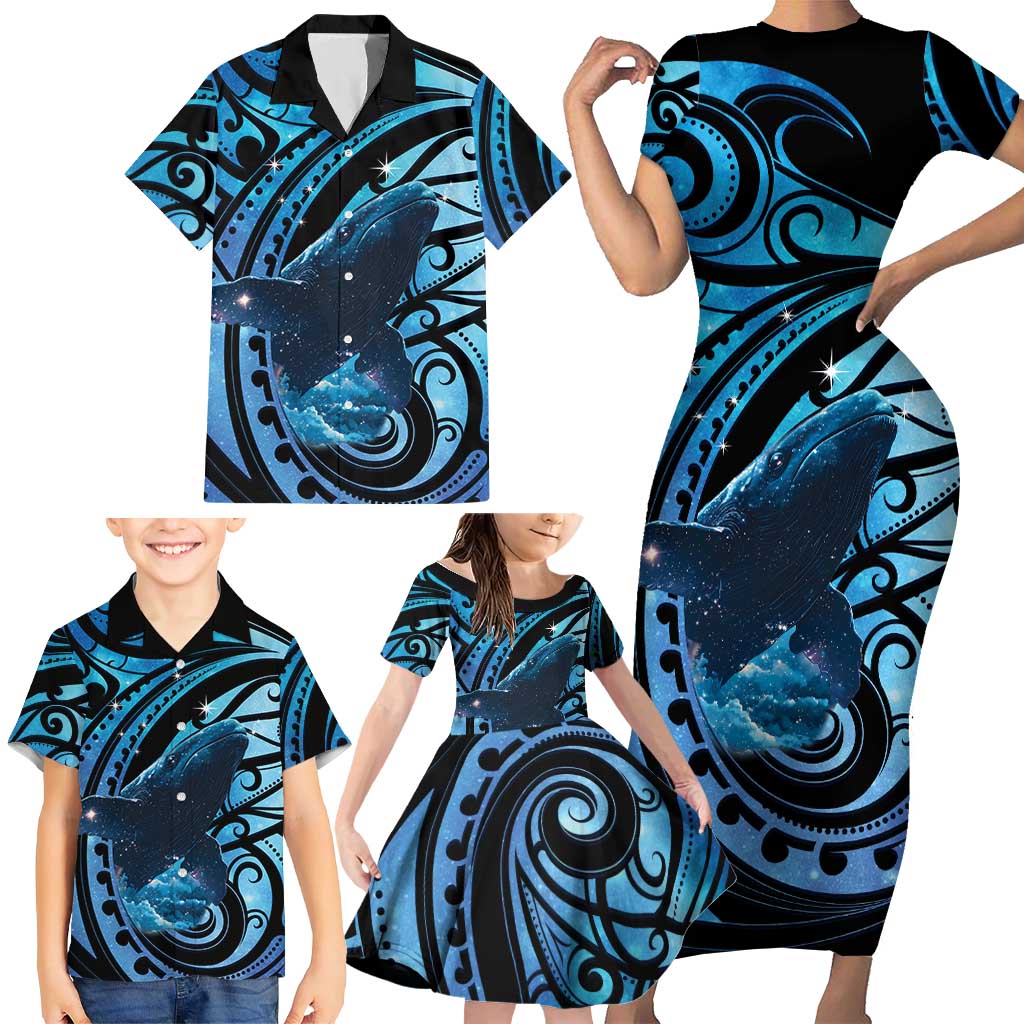 New Zealand Matariki Family Matching Short Sleeve Bodycon Dress and Hawaiian Shirt Maori Humpback Whale Galaxy LT22 - Polynesian Pride