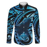 New Zealand Matariki Family Matching Short Sleeve Bodycon Dress and Hawaiian Shirt Maori Humpback Whale Galaxy LT22 Dad's Shirt - Long Sleeve Blue - Polynesian Pride