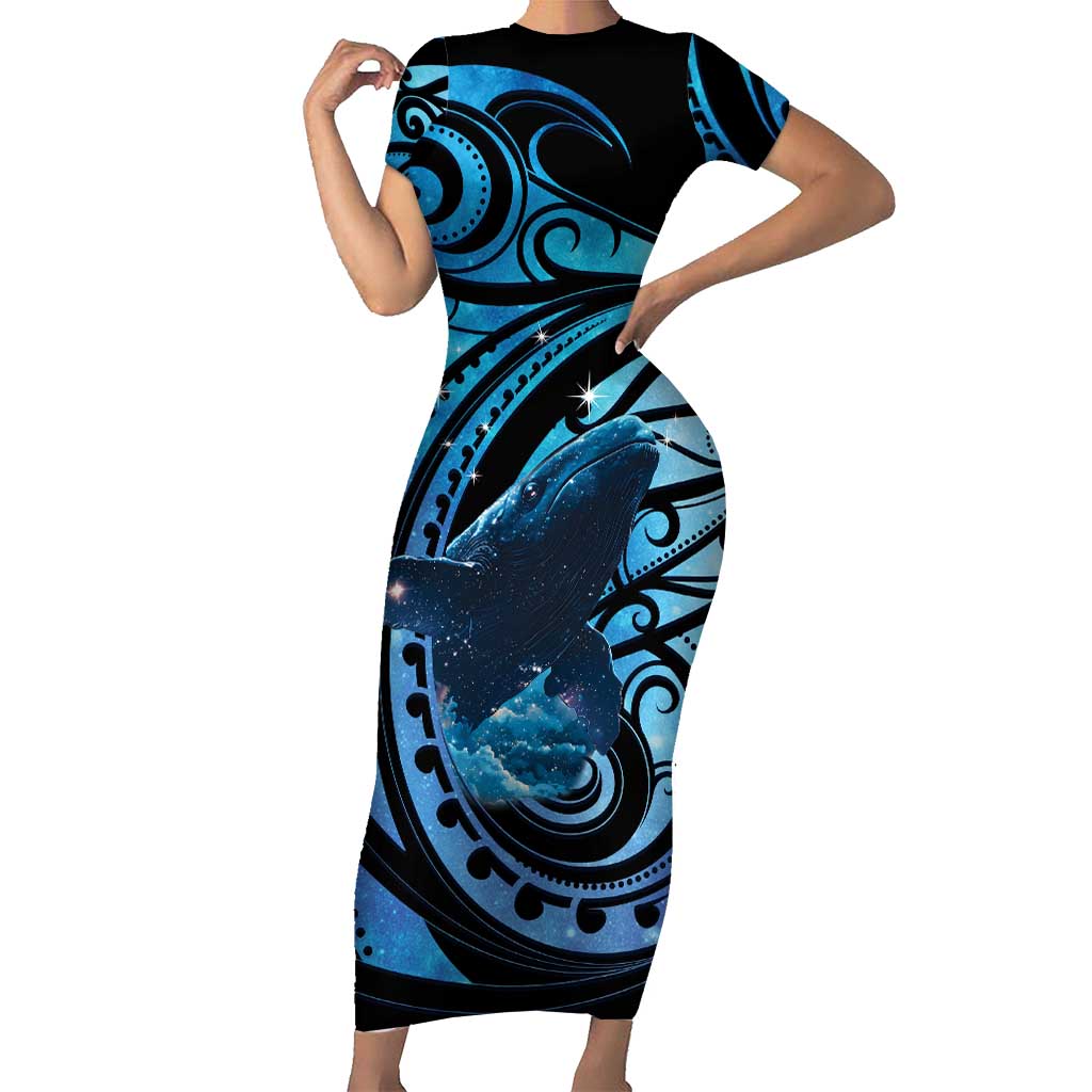 New Zealand Matariki Family Matching Short Sleeve Bodycon Dress and Hawaiian Shirt Maori Humpback Whale Galaxy LT22 Mom's Dress Blue - Polynesian Pride