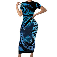 New Zealand Matariki Family Matching Short Sleeve Bodycon Dress and Hawaiian Shirt Maori Humpback Whale Galaxy LT22 Mom's Dress Blue - Polynesian Pride