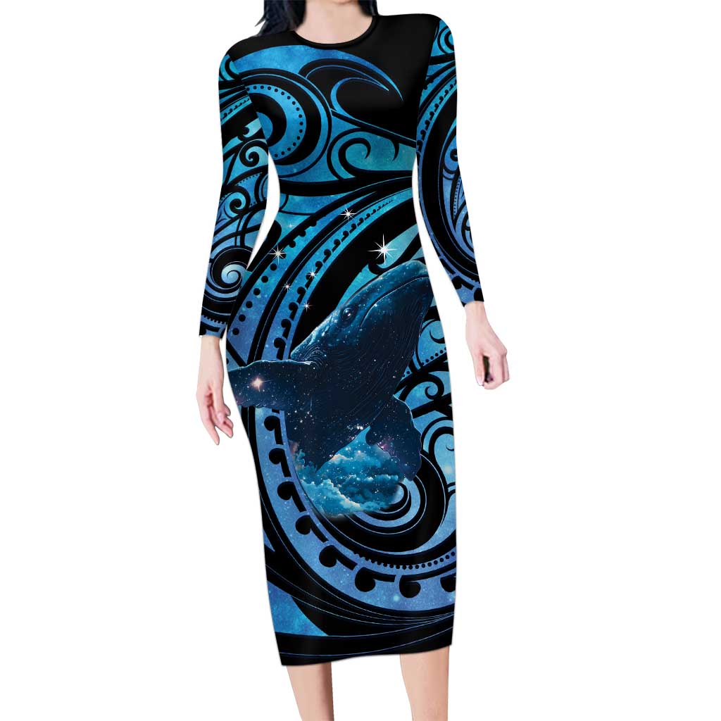 New Zealand Matariki Long Sleeve Bodycon Dress Maori Humpback Whale Galaxy LT22 Long Dress Blue - Polynesian Pride
