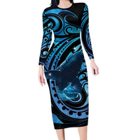 New Zealand Matariki Long Sleeve Bodycon Dress Maori Humpback Whale Galaxy LT22 Long Dress Blue - Polynesian Pride
