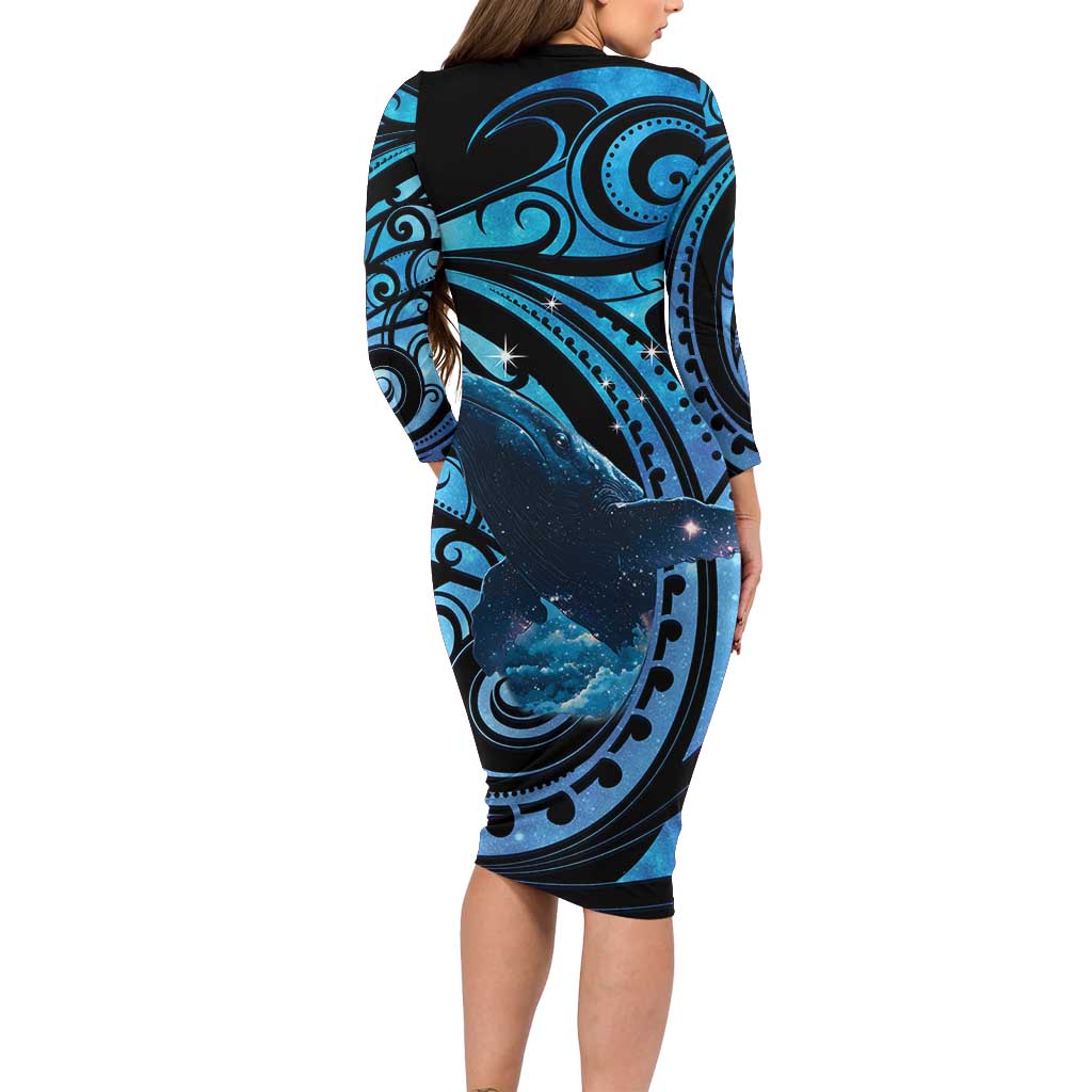 New Zealand Matariki Long Sleeve Bodycon Dress Maori Humpback Whale Galaxy LT22 - Polynesian Pride