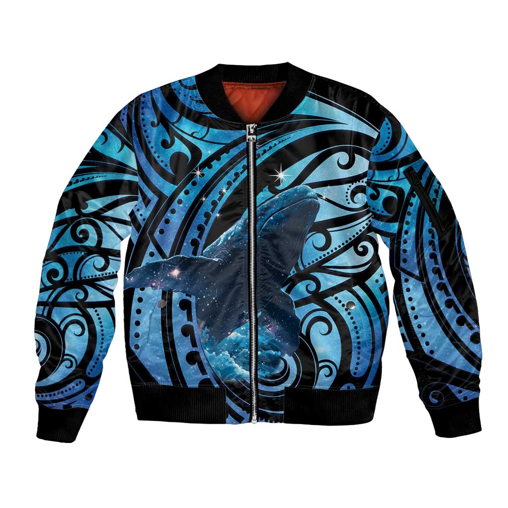 New Zealand Matariki Sleeve Zip Bomber Jacket Maori Humpback Whale Galaxy LT22 Unisex Blue - Polynesian Pride