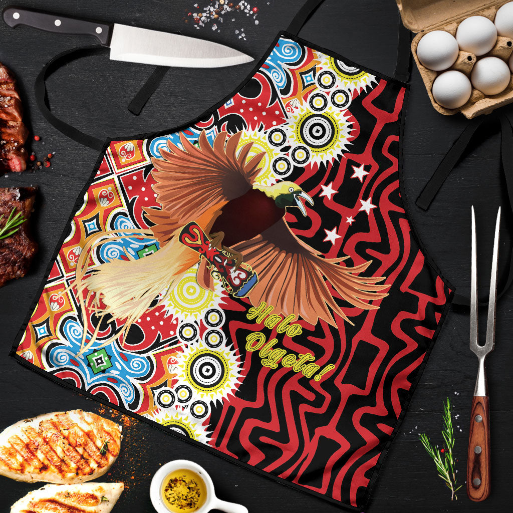 Papua New Guinea Pidgin Language Week Apron Halo Olgeta Tok Pisin Wik Bird Of Paradise Oro Batik LT22 Red - Polynesian Pride