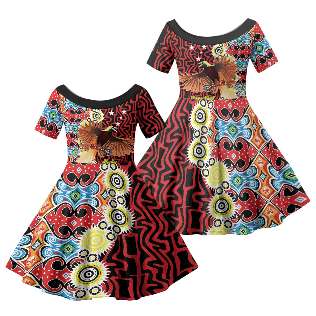 Personalised Papua New Guinea Pidgin Language Week Family Matching Long Sleeve Bodycon Dress and Hawaiian Shirt Halo Olgeta Tok Pisin Wik Bird Of Paradise Oro Batik LT22 Daughter's Dress Red - Polynesian Pride