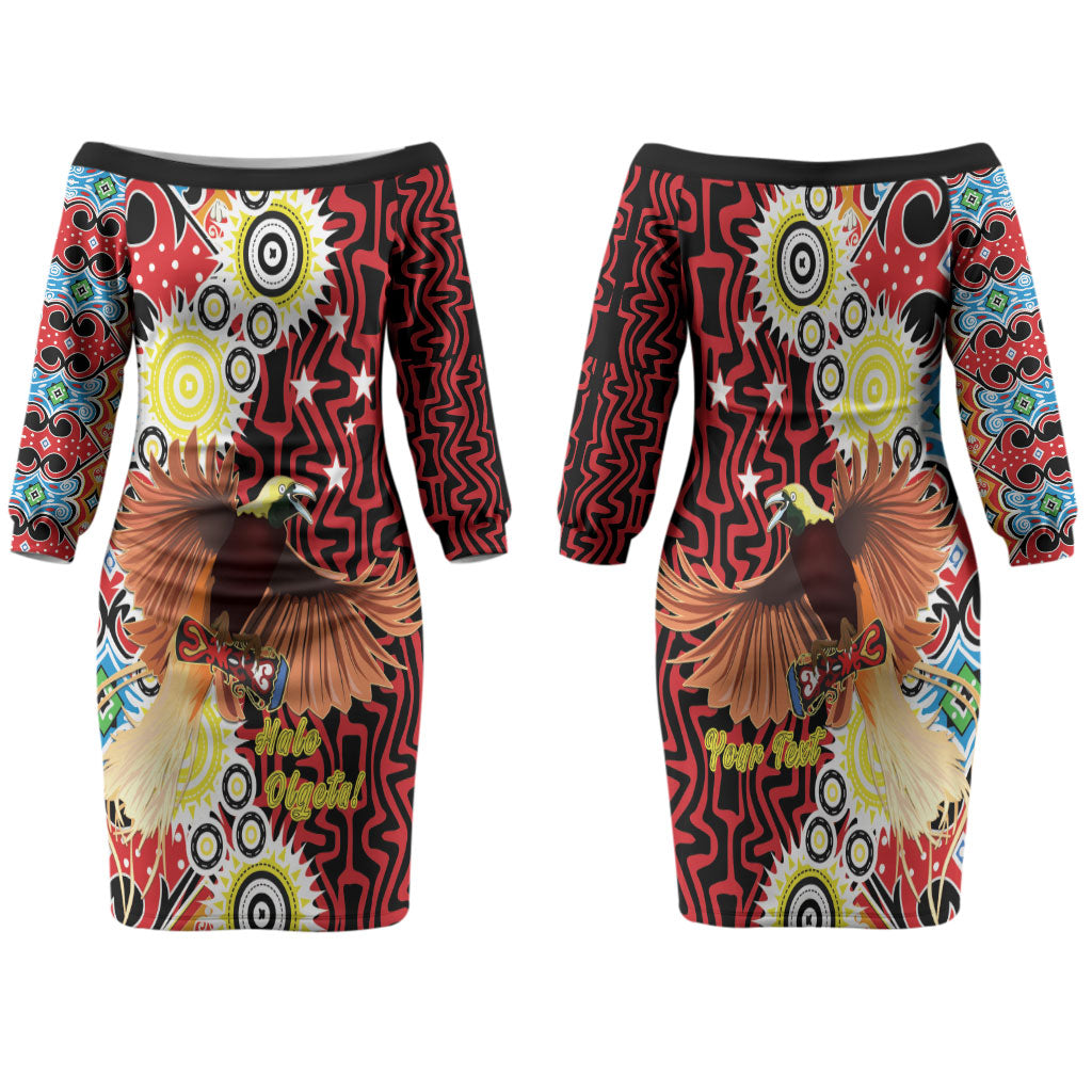 Personalised Papua New Guinea Pidgin Language Week Family Matching Off The Shoulder Long Sleeve Dress and Hawaiian Shirt Halo Olgeta Tok Pisin Wik Bird Of Paradise Oro Batik LT22 Mom's Dress Red - Polynesian Pride