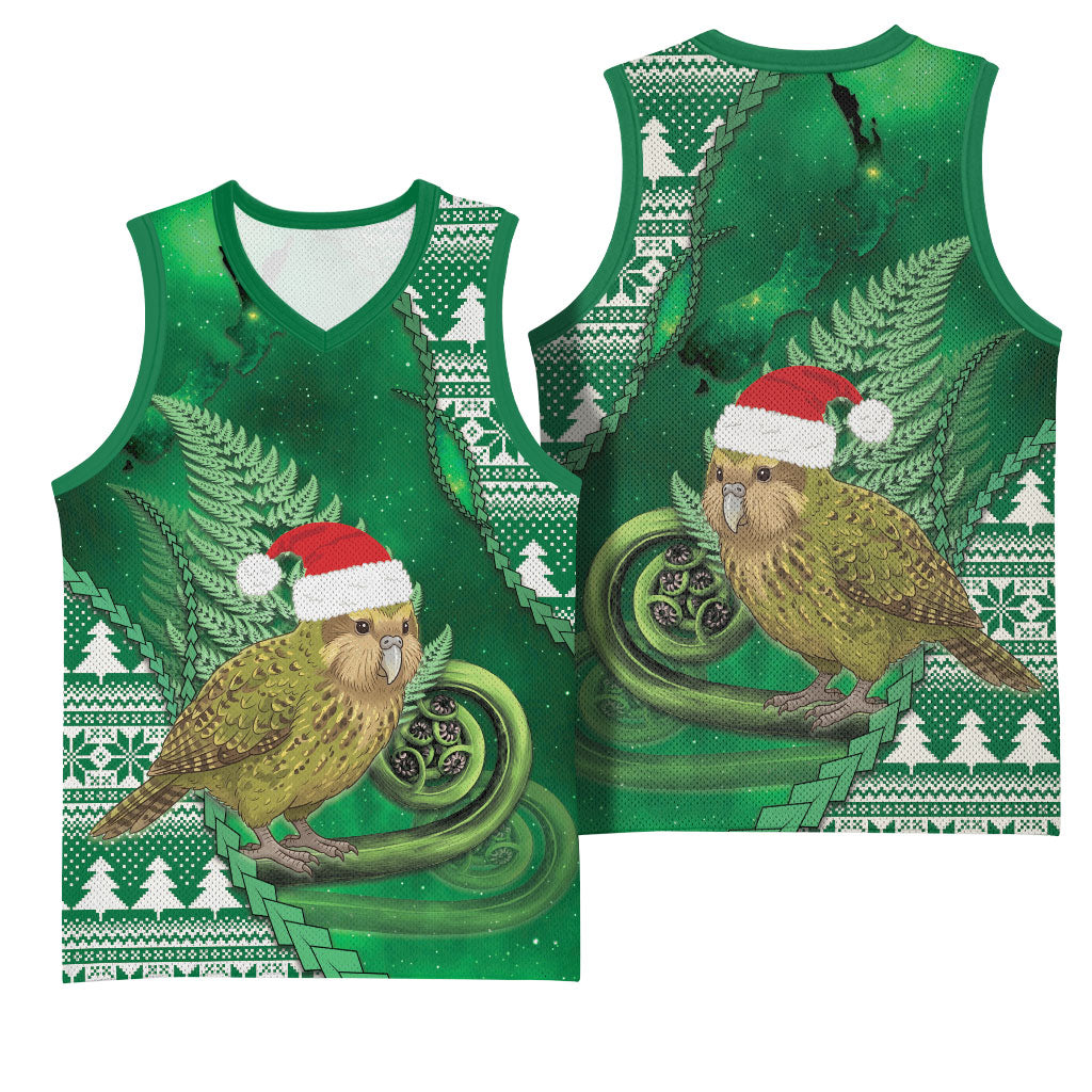 New Zealand Kakapo Christmas In July Basketball Jersey Silver Fern Santa Xmas Green Color