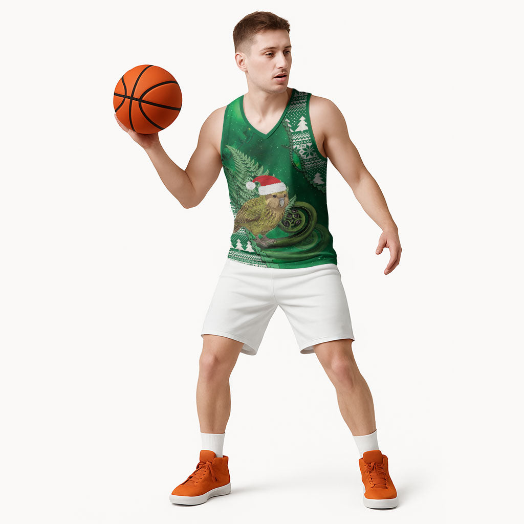 New Zealand Kakapo Christmas In July Basketball Jersey Silver Fern Santa Xmas Green Color