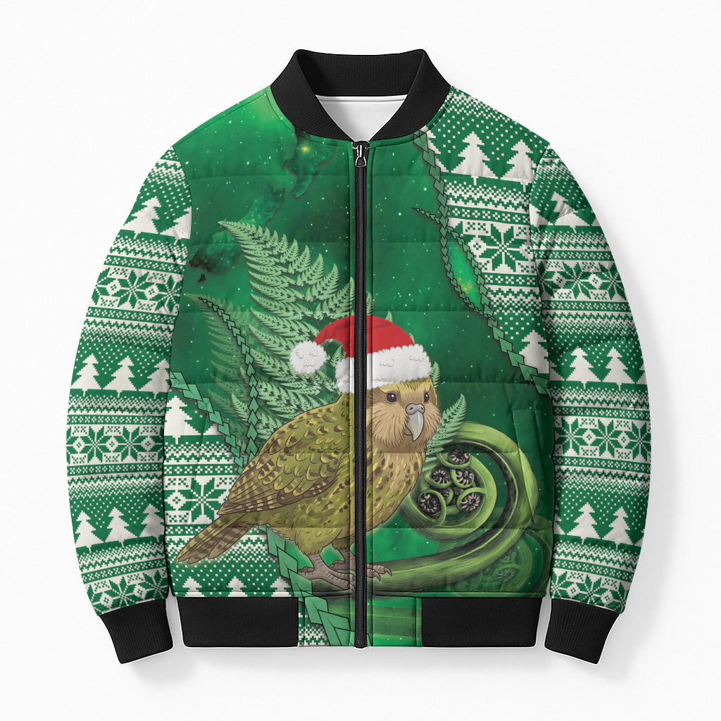New Zealand Kakapo Christmas In July Bomber Puffer Jacket Silver Fern Santa Xmas Green Color