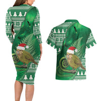 New Zealand Kakapo Christmas In July Couples Matching Long Sleeve Bodycon Dress and Hawaiian Shirt Silver Fern Santa Xmas Green Color