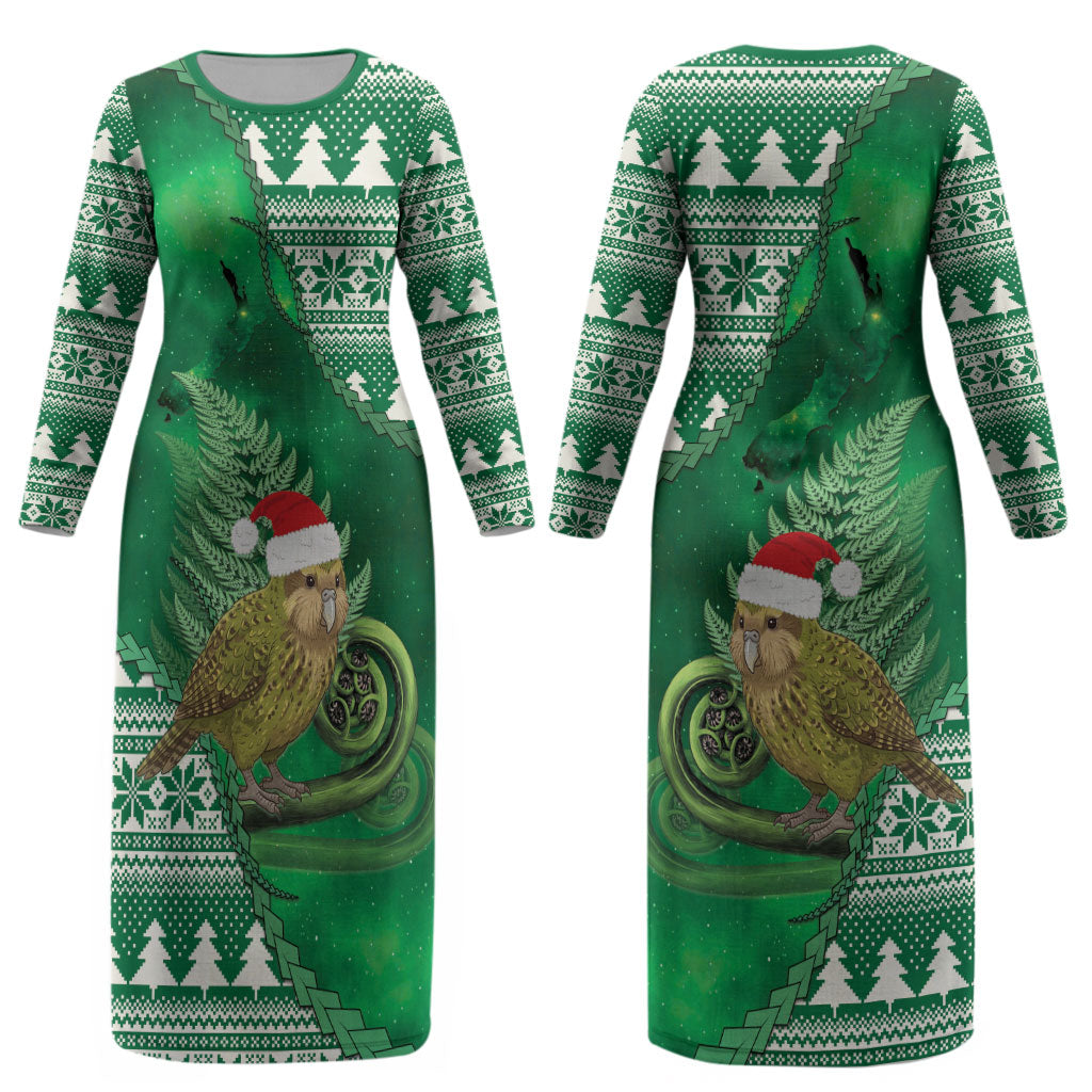 New Zealand Kakapo Christmas In July Couples Matching Long Sleeve Bodycon Dress and Hawaiian Shirt Silver Fern Santa Xmas Green Color LT22 - Polynesian Pride