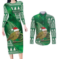 New Zealand Kakapo Christmas In July Couples Matching Long Sleeve Bodycon Dress and Long Sleeve Button Shirt Silver Fern Santa Xmas Green Color
