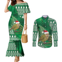 New Zealand Kakapo Christmas In July Couples Matching Mermaid Dress and Long Sleeve Button Shirt Silver Fern Santa Xmas Green Color