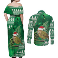 New Zealand Kakapo Christmas In July Couples Matching Off Shoulder Maxi Dress and Long Sleeve Button Shirt Silver Fern Santa Xmas Green Color