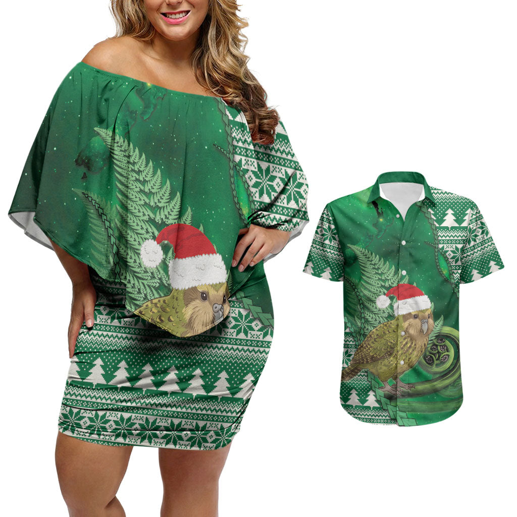 New Zealand Kakapo Christmas In July Couples Matching Off Shoulder Short Dress and Hawaiian Shirt Silver Fern Santa Xmas Green Color LT22 Green - Polynesian Pride