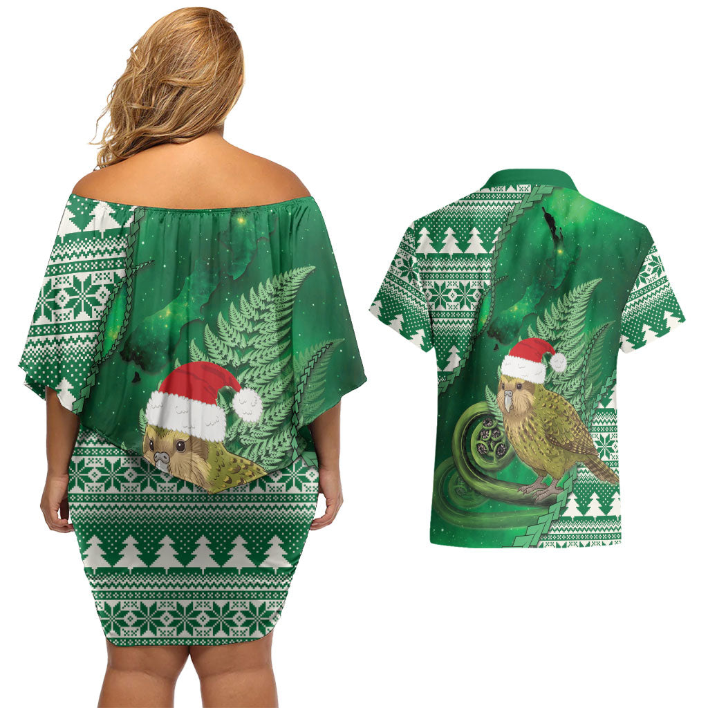 New Zealand Kakapo Christmas In July Couples Matching Off Shoulder Short Dress and Hawaiian Shirt Silver Fern Santa Xmas Green Color