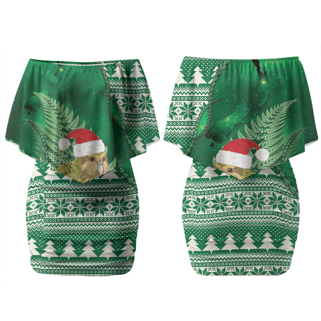 New Zealand Kakapo Christmas In July Couples Matching Off Shoulder Short Dress and Long Sleeve Button Shirt Silver Fern Santa Xmas Green Color LT22 - Polynesian Pride