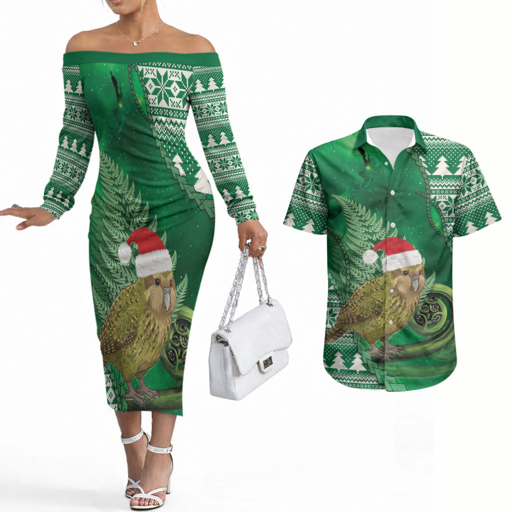 New Zealand Kakapo Christmas In July Couples Matching Off The Shoulder Long Sleeve Dress and Hawaiian Shirt Silver Fern Santa Xmas Green Color LT22 Green - Polynesian Pride