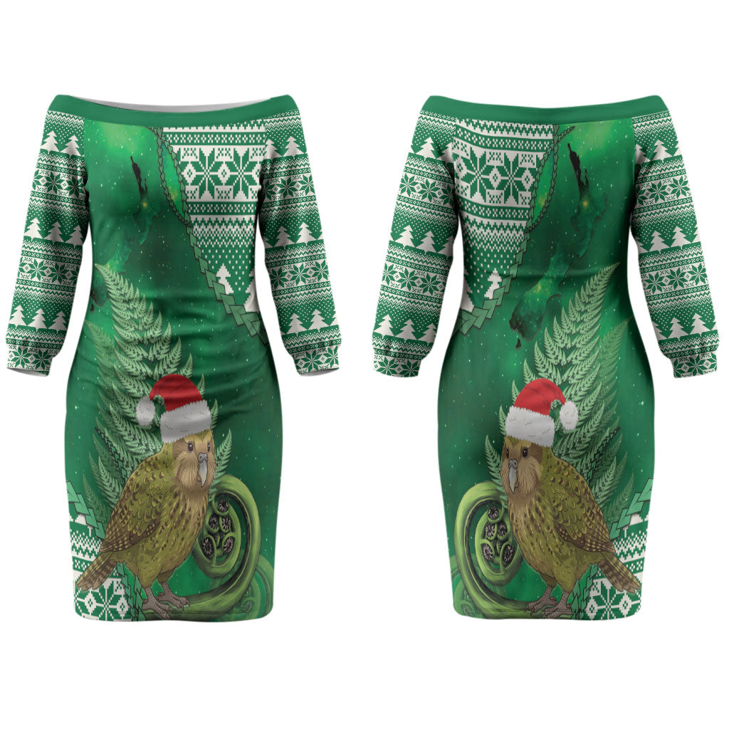 New Zealand Kakapo Christmas In July Couples Matching Off The Shoulder Long Sleeve Dress and Long Sleeve Button Shirt Silver Fern Santa Xmas Green Color LT22 - Polynesian Pride