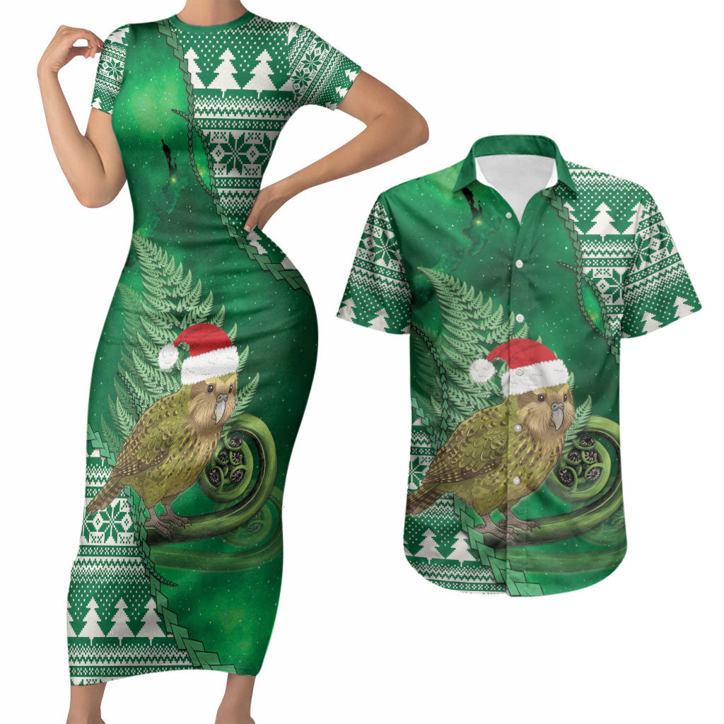 New Zealand Kakapo Christmas In July Couples Matching Short Sleeve Bodycon Dress and Hawaiian Shirt Silver Fern Santa Xmas Green Color LT22 Green - Polynesian Pride