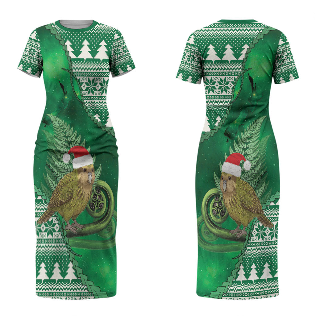 New Zealand Kakapo Christmas In July Couples Matching Short Sleeve Bodycon Dress and Hawaiian Shirt Silver Fern Santa Xmas Green Color LT22 - Polynesian Pride