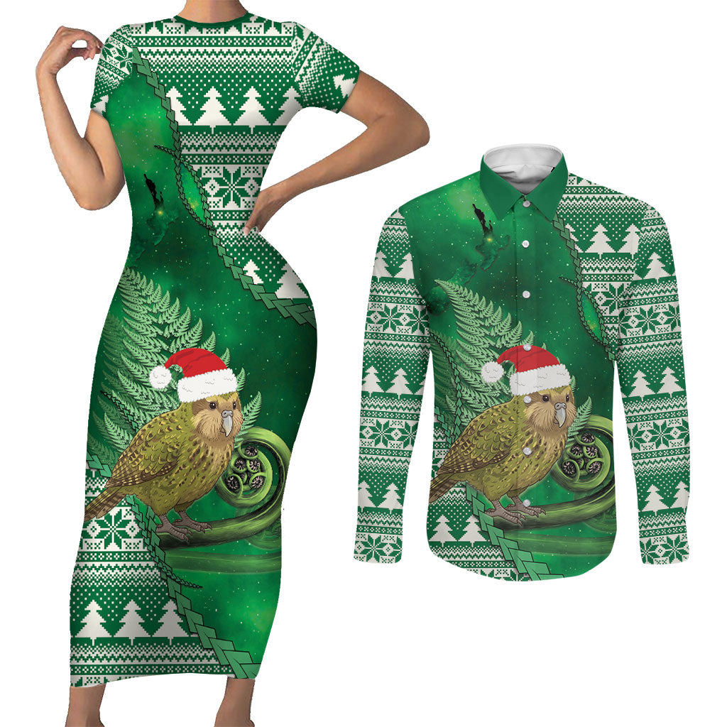 New Zealand Kakapo Christmas In July Couples Matching Short Sleeve Bodycon Dress and Long Sleeve Button Shirt Silver Fern Santa Xmas Green Color