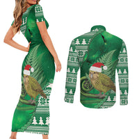 New Zealand Kakapo Christmas In July Couples Matching Short Sleeve Bodycon Dress and Long Sleeve Button Shirt Silver Fern Santa Xmas Green Color
