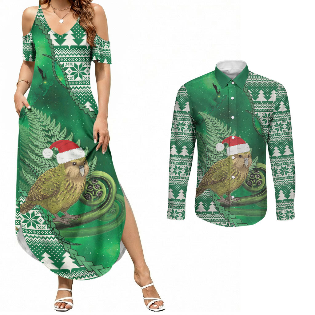 New Zealand Kakapo Christmas In July Couples Matching Summer Maxi Dress and Long Sleeve Button Shirt Silver Fern Santa Xmas Green Color LT22 Green - Polynesian Pride