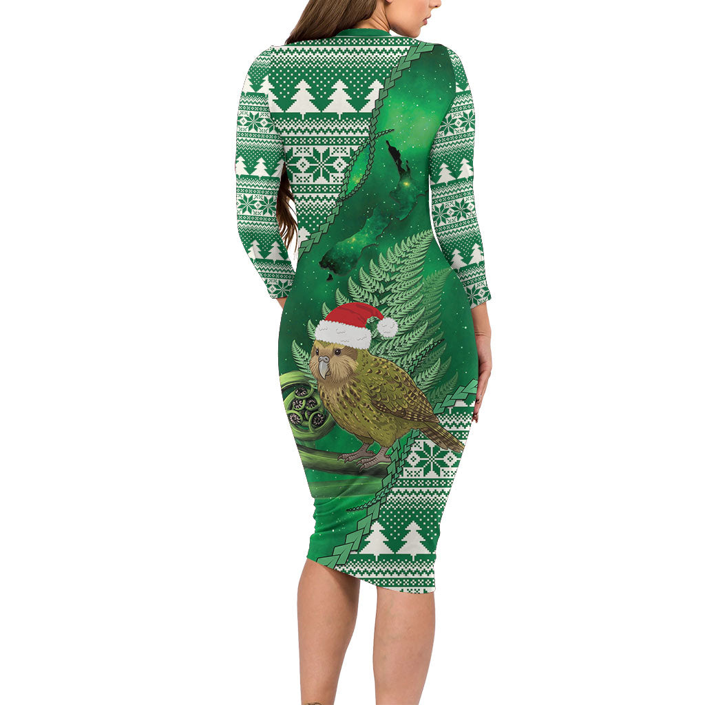 New Zealand Kakapo Christmas In July Family Matching Long Sleeve Bodycon Dress and Hawaiian Shirt Silver Fern Santa Xmas Green Color