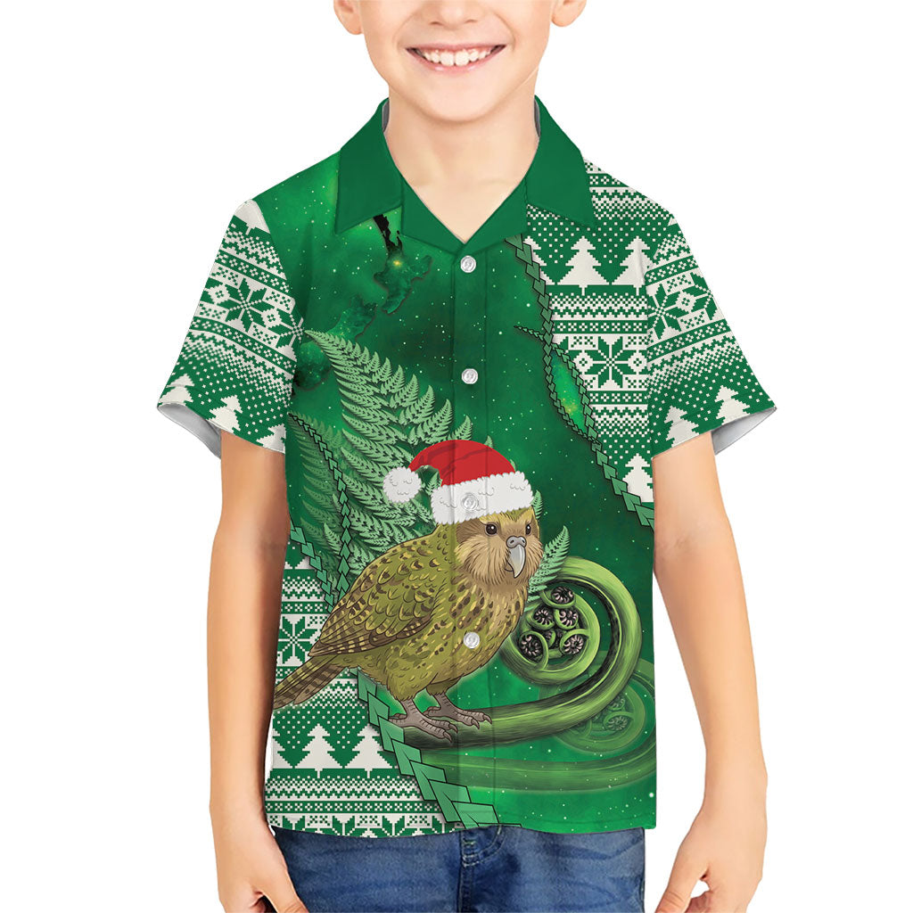 New Zealand Kakapo Christmas In July Family Matching Off Shoulder Maxi Dress and Hawaiian Shirt Silver Fern Santa Xmas Green Color