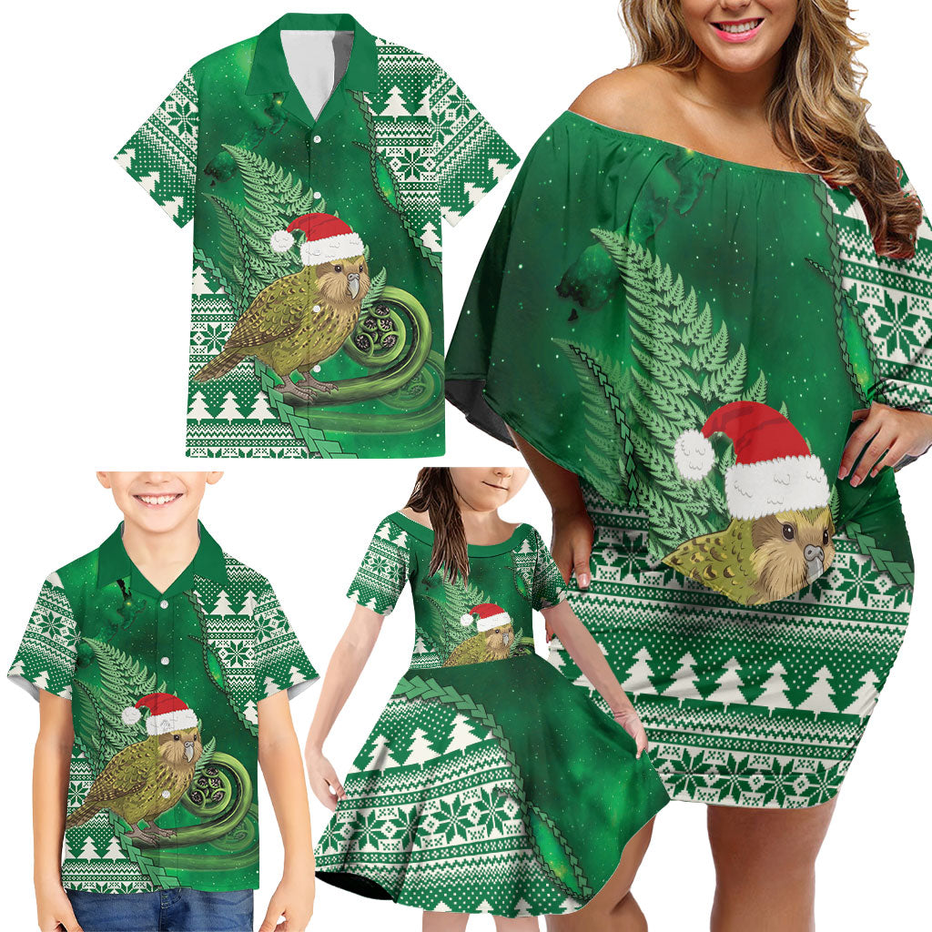 New Zealand Kakapo Christmas In July Family Matching Off Shoulder Short Dress and Hawaiian Shirt Silver Fern Santa Xmas Green Color