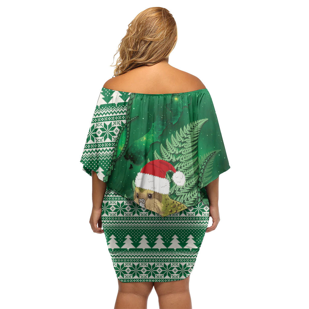 New Zealand Kakapo Christmas In July Family Matching Off Shoulder Short Dress and Hawaiian Shirt Silver Fern Santa Xmas Green Color
