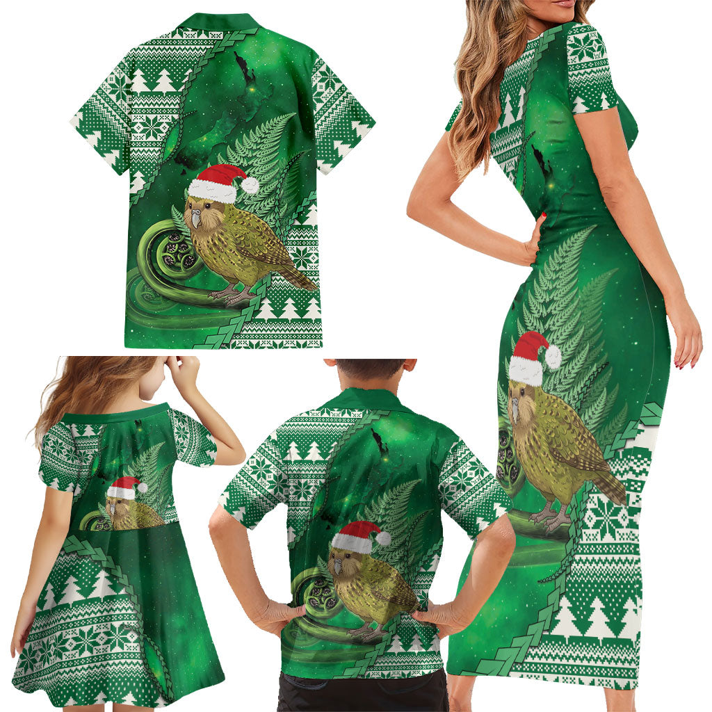 New Zealand Kakapo Christmas In July Family Matching Short Sleeve Bodycon Dress and Hawaiian Shirt Silver Fern Santa Xmas Green Color