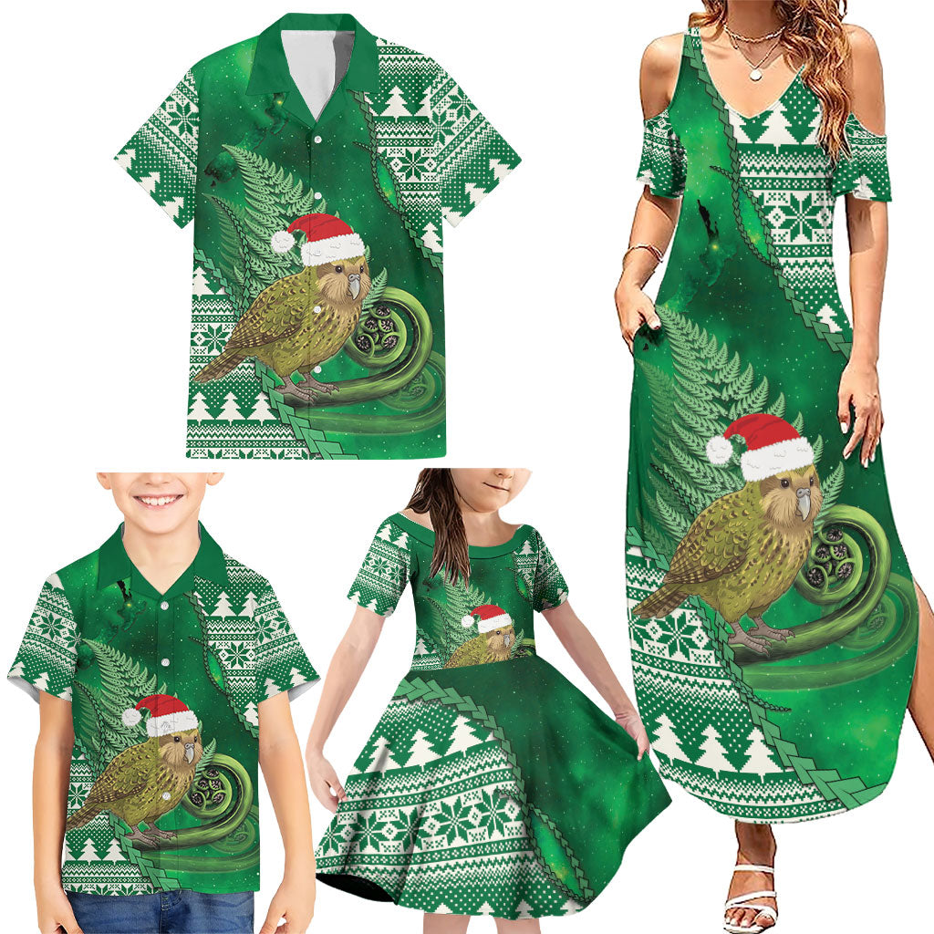New Zealand Kakapo Christmas In July Family Matching Summer Maxi Dress and Hawaiian Shirt Silver Fern Santa Xmas Green Color