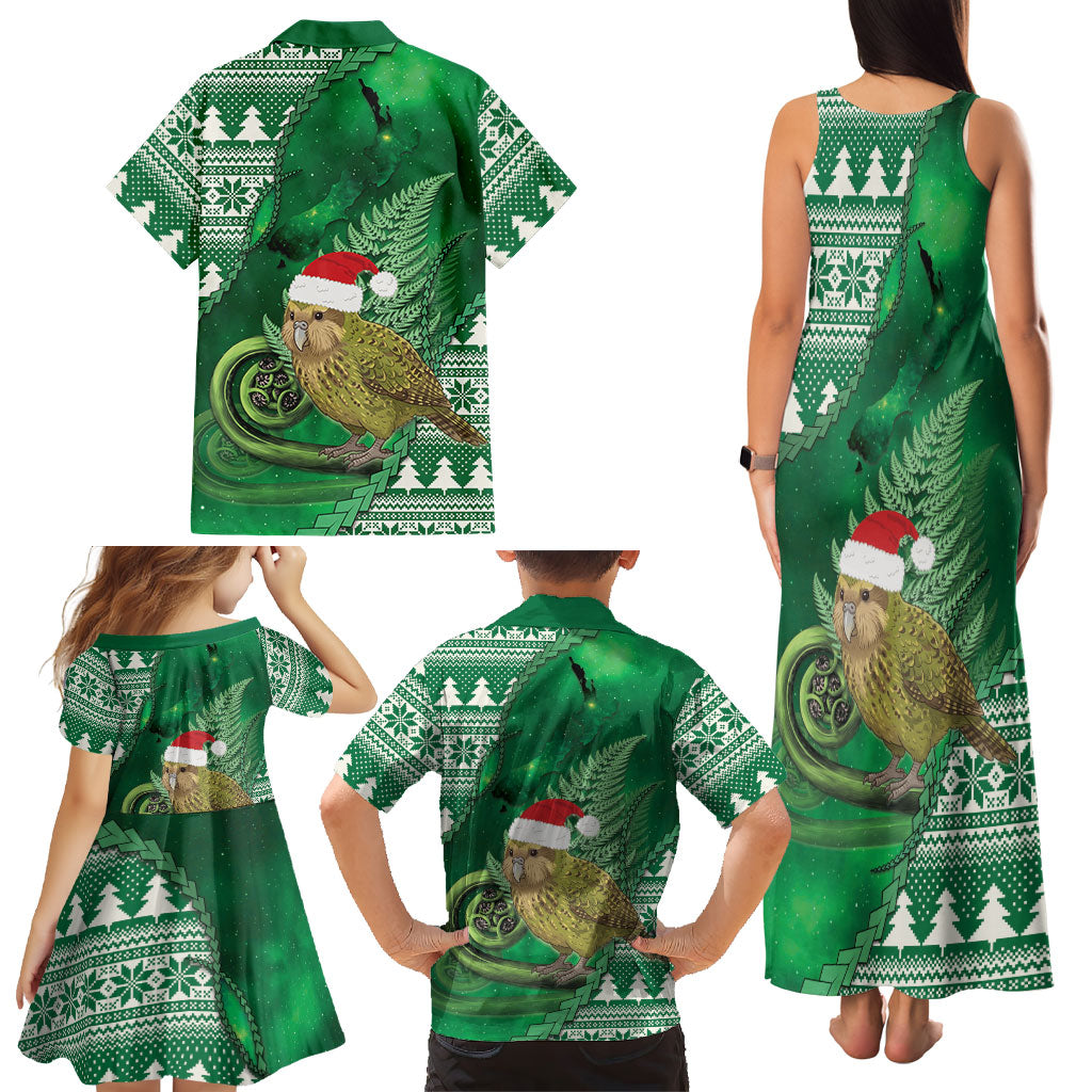 New Zealand Kakapo Christmas In July Family Matching Tank Maxi Dress and Hawaiian Shirt Silver Fern Santa Xmas Green Color