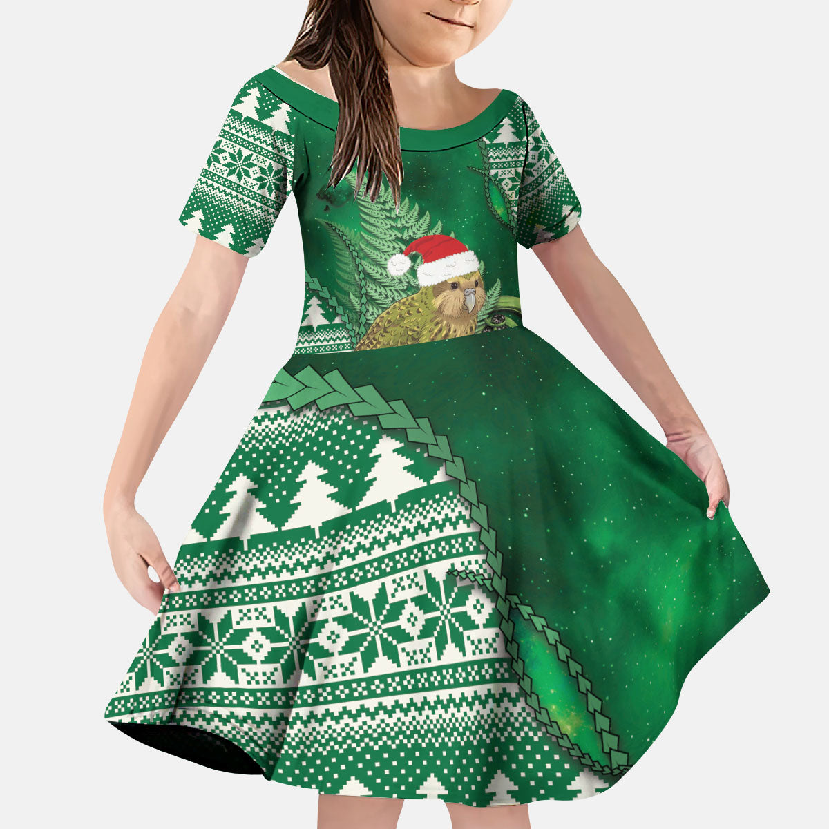 New Zealand Kakapo Christmas In July Kid Short Sleeve Dress Silver Fern Santa Xmas Green Color