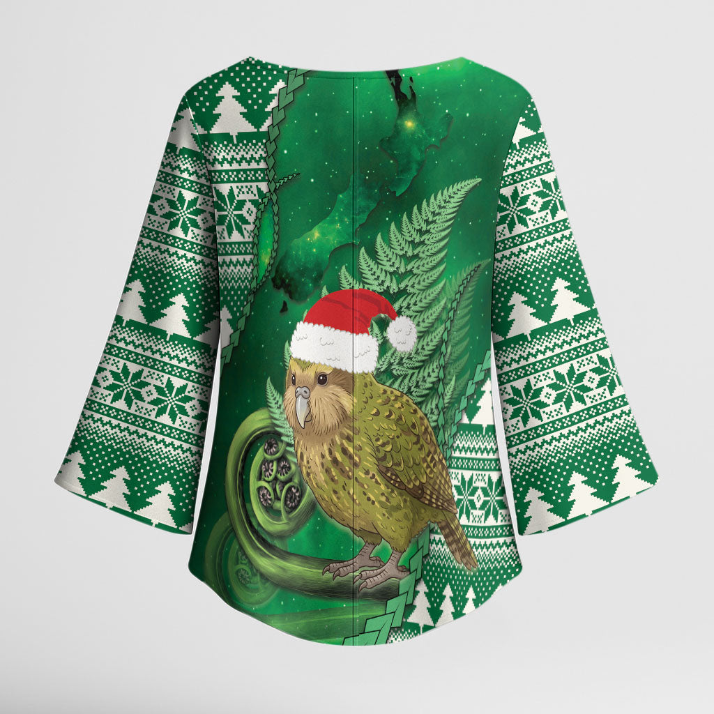 New Zealand Kakapo Christmas In July Kimono Sleeve Blouse Silver Fern Santa Xmas Green Color