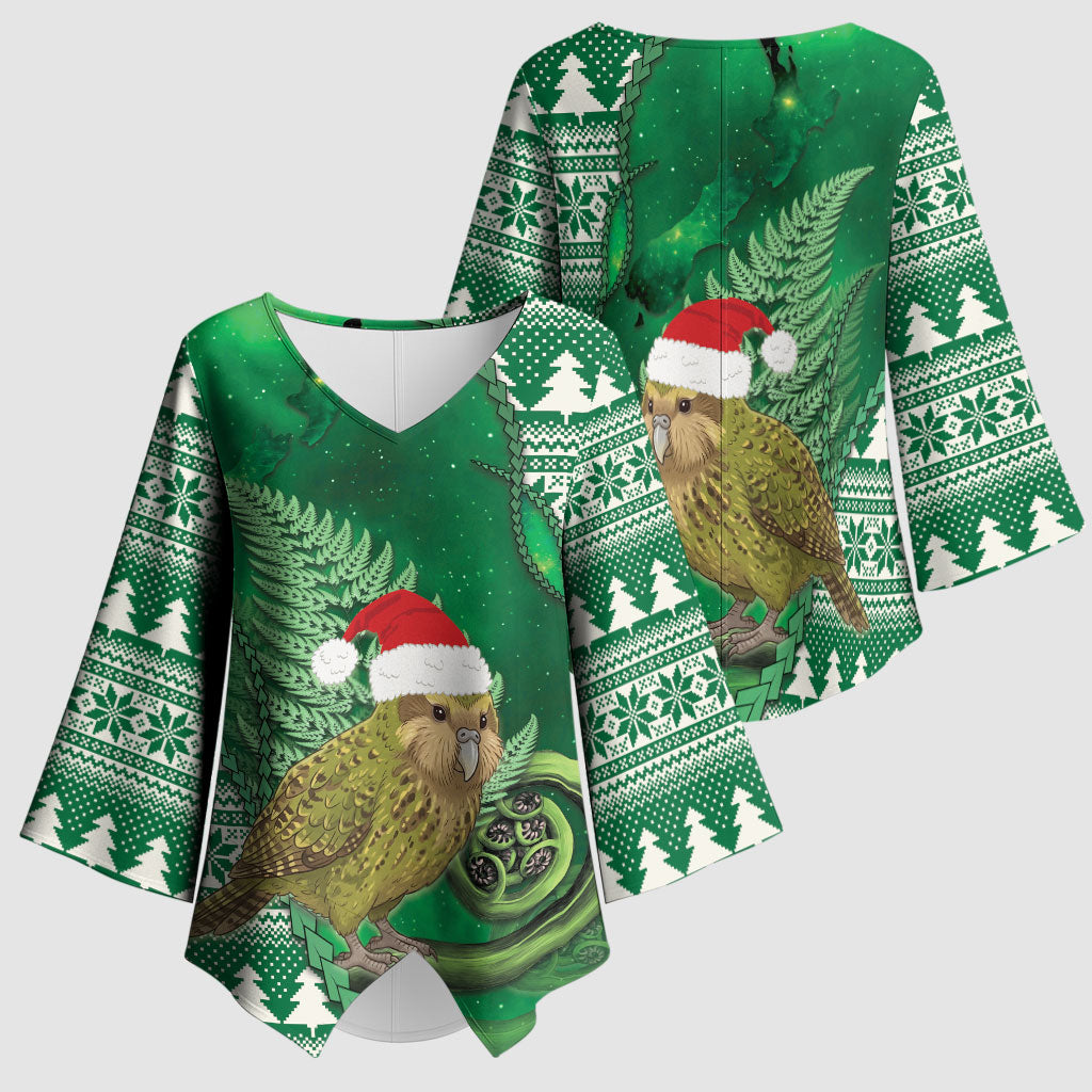 New Zealand Kakapo Christmas In July Kimono Sleeve Blouse Silver Fern Santa Xmas Green Color