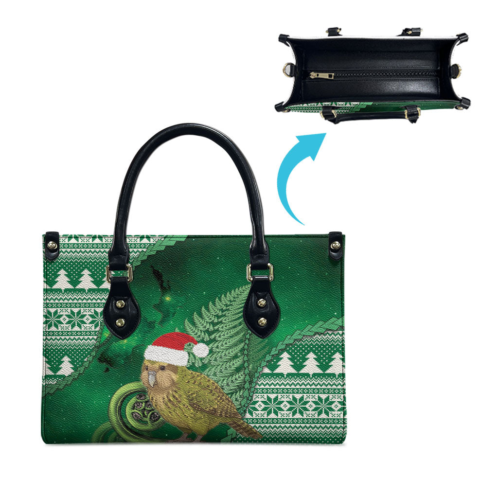 New Zealand Kakapo Christmas In July Leather Bag Silver Fern Santa Xmas Green Color